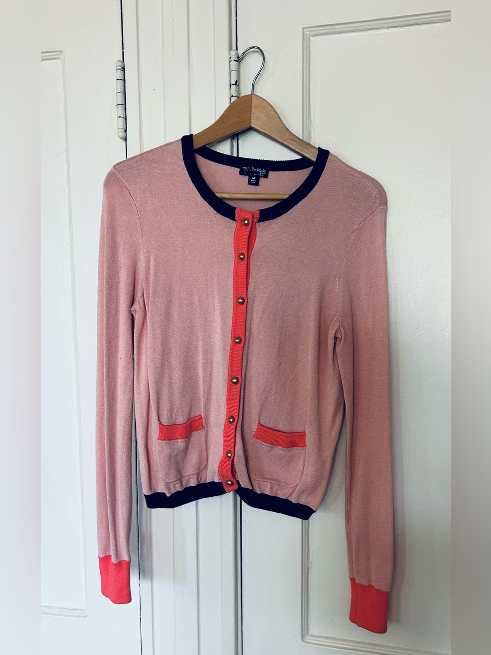 The Webster at Target Pink Cardigan with Coral Trim and Navy Edging